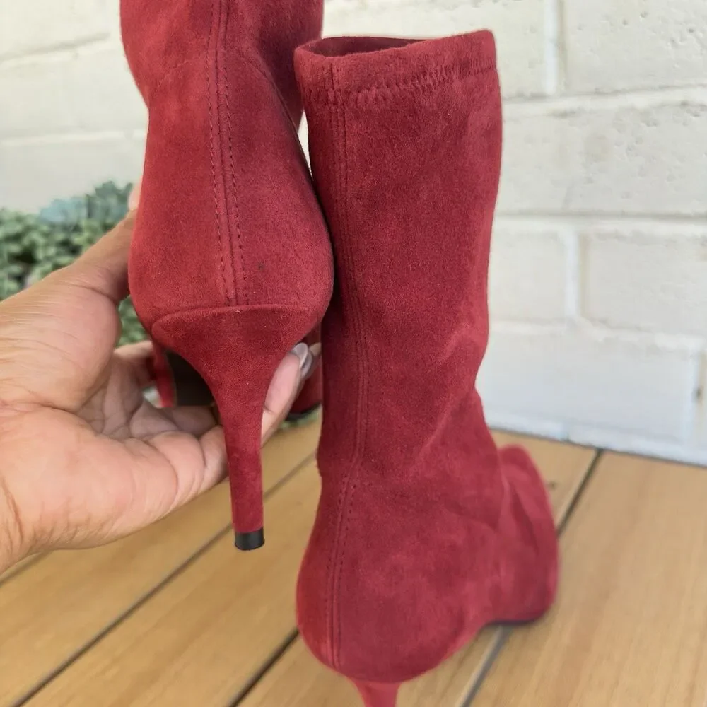 Stuart Weitzman Red Suede Sock Ankle Boots Pointed Toe Kitten Heel US 8.5 B